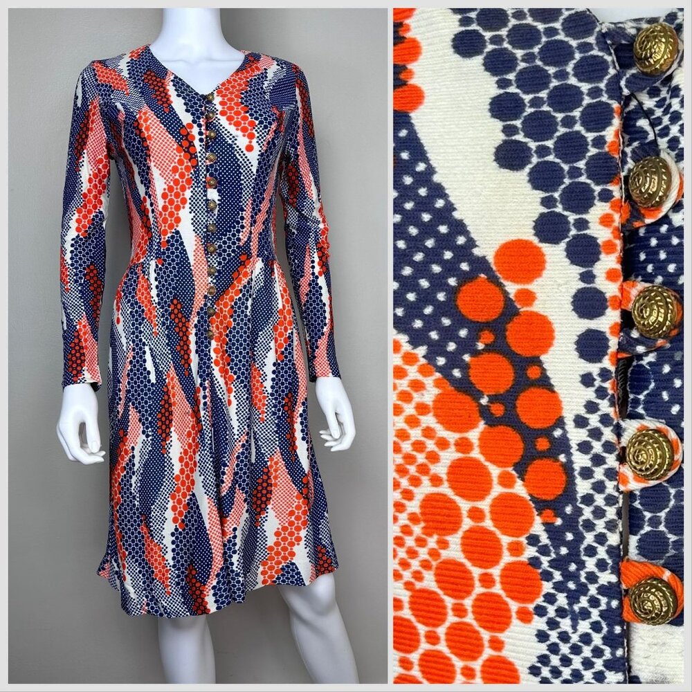 Vintage 1970s Orange and Blue Psychedelic Swirl Polka Dot Dress, Size XS-Small